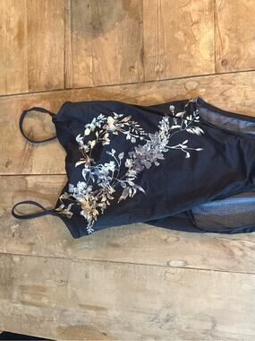 Jantzen Navy One-Piece Swimsuit with White and Gray Floral Accent